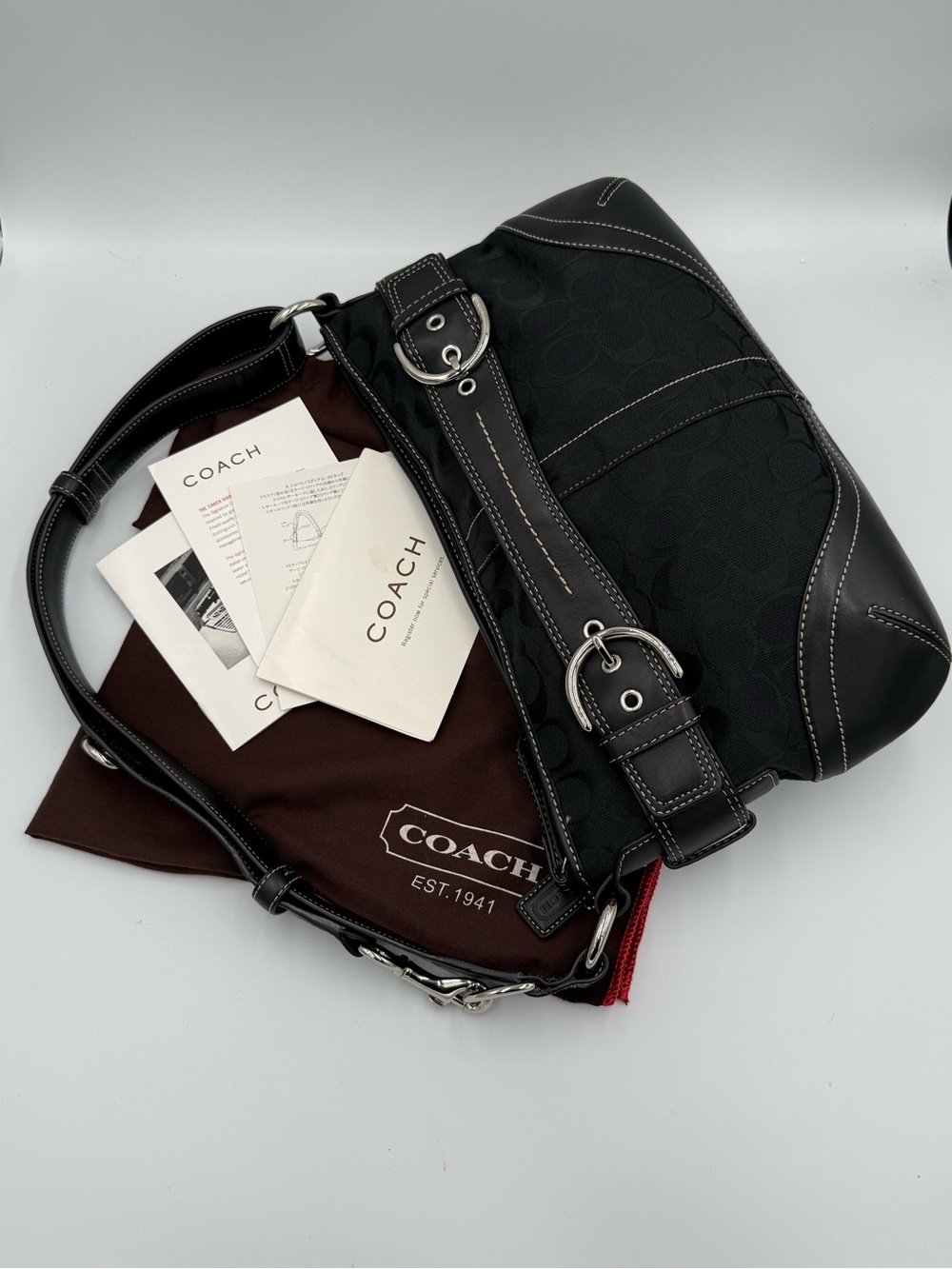 Coach Black Signature Canvas & Leather Hobo Bag with Silver Hardware